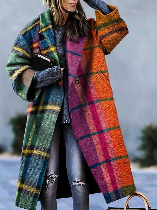 Coats - Colorblock Plaid Print Long Sleeve Lapel Woolen Coat - MsDressly