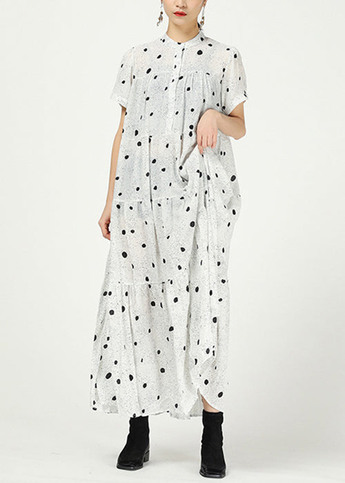 Tara® | White Button Print Cotton Long Dress Stand Collar Summer