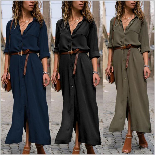 Women's Solid Color Long Sleeve Split Long Skirt