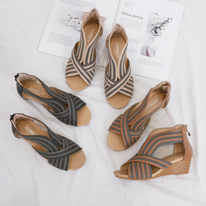 Bohemian Color Block Leather Wedge Sandals