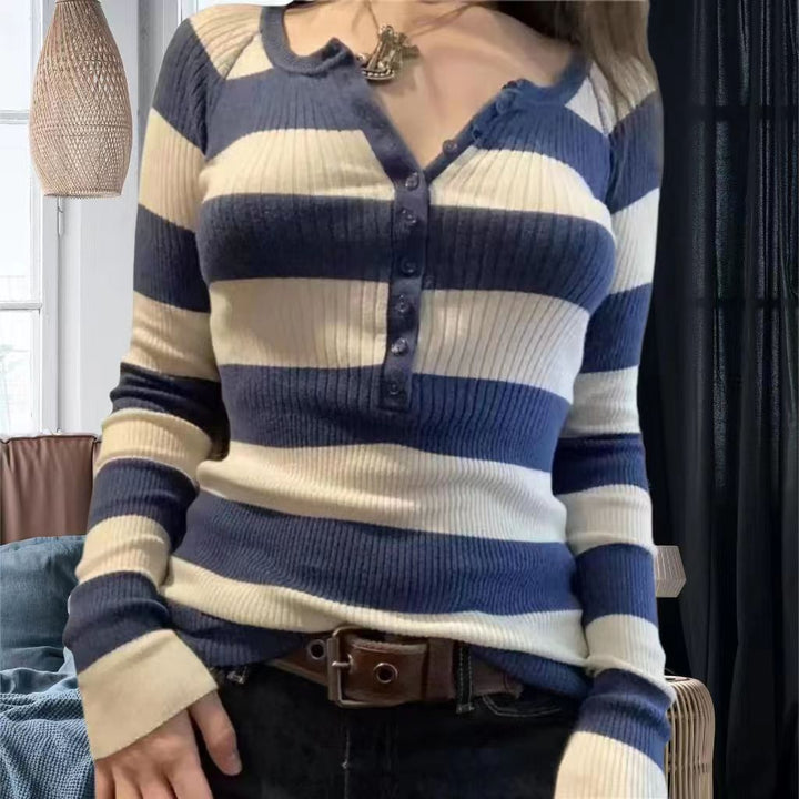 Striped Button Up Ribbed Knit Top - fairypeony