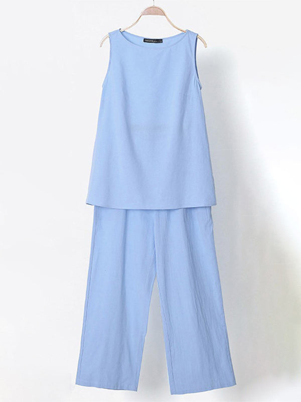 Estelle® | Solid Crew Neck Sleeveless Linen And Cotton Top With Matching Wide-Leg Pants