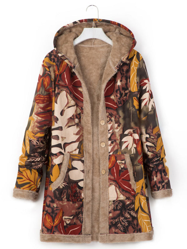 Printed Hooded Plush Women’s Coat with Pockets