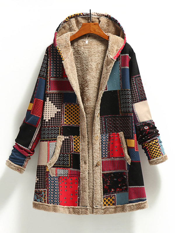 Printed Hooded Plush Women’s Coat with Pockets