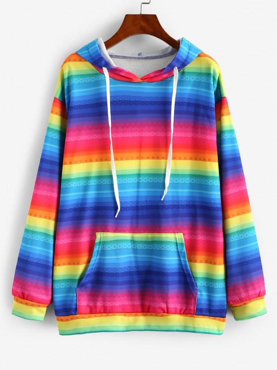 Kangaroo Pocket Drawstring Rainbow Stripes Hoodie