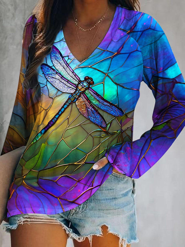 Freya® | Women's Dragonfly Print V Neck Long Sleeve Top