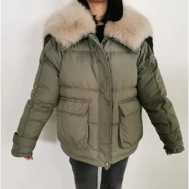 Loose Real Fox Fur Collar White Duck Down Women Winter Luxury Puffer Coat Oversize Feather Outwear winter jacket  -  GeraldBlack.com