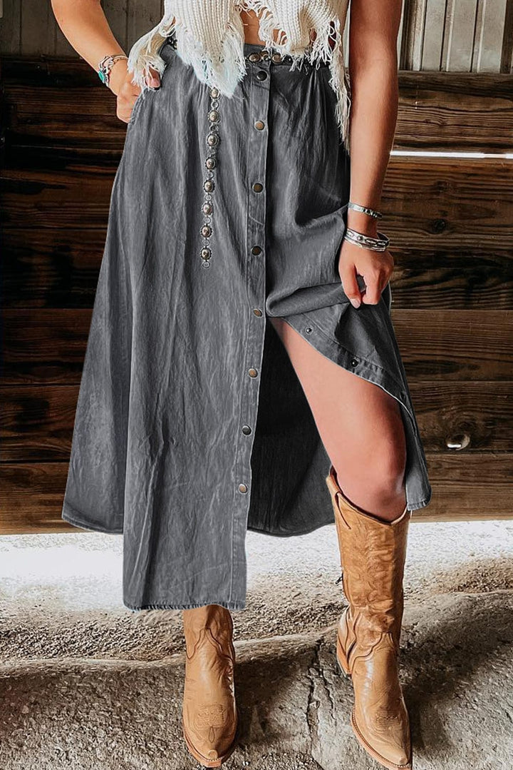 The802Gypsy Bottoms/skirts Dark / XL GYPSY-Snap Down High Waist Denim Skirt