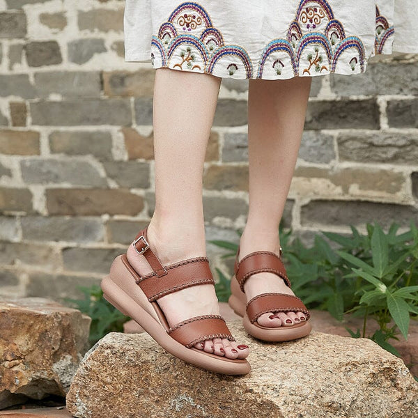 Women Retro Leather Summer Wedge Sandals