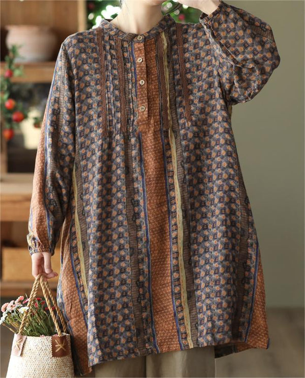 Women Vintage Printed Linen Midi Shirts