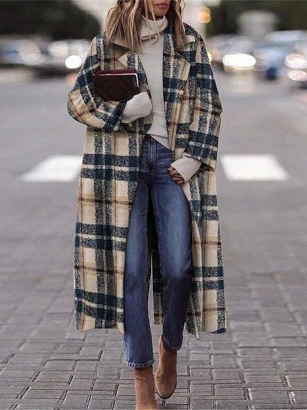 Women's Coats Check Print Lapel Long Woolen Coat - Coats & Jackets - INS | Online Fashion Free Shipping Clothing, Dresses, Tops, Shoes - 19/10/2021 - Coats & Jackets - color-multi