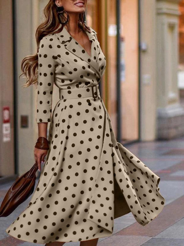 Amora® | Polka Dot Temperament Long Sleeve Dress