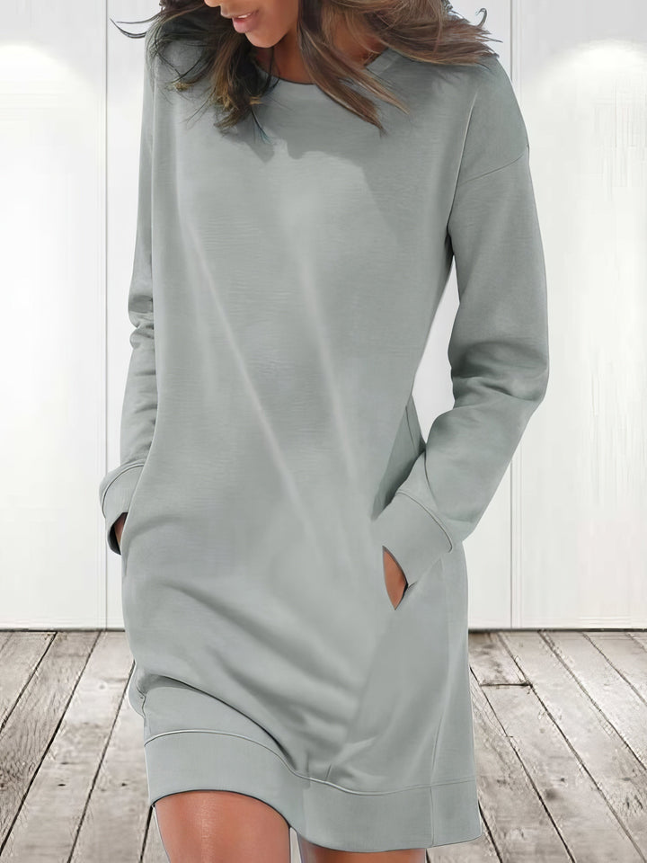 Dresses Solid Crew Neck Long Sleeve Pocket Dress - LuckyFash™